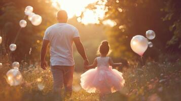 ai generado papá teniendo divertido con su hija en el verano jardín vestido en rosado princesa trajes foto