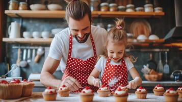 AI generated Dad and daughter preparing cupcakes in a modern kitchen wearing red polka dot aprons photo