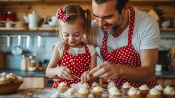 AI generated Dad and daughter preparing cupcakes in a modern kitchen wearing red polka dot aprons photo