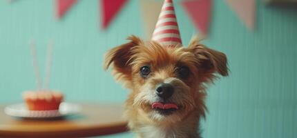 AI generated dog drinking birthday pipe with a party hat photo