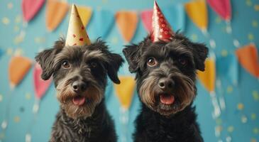 ai generado perro Bebiendo cumpleaños tubo con un fiesta sombrero foto