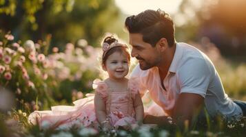 ai generado papá teniendo divertido con su hija en el verano jardín vestido en rosado princesa trajes foto