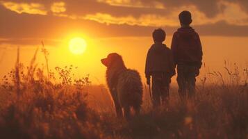 ai generado temprano en el Mañana a amanecer, dos Niños caminar un grande lanudo perro en el campo admirativo el amanecer foto