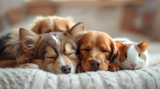 AI generated Fluffy cat, dog and guinea pig lie hugging photo