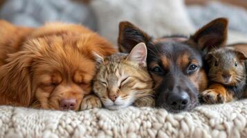 AI generated Fluffy cat, dog and guinea pig lie hugging photo