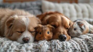 AI generated Fluffy cat, dog and guinea pig lie hugging photo