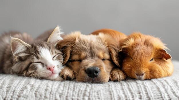 AI generated Fluffy cat, dog and guinea pig lie hugging photo