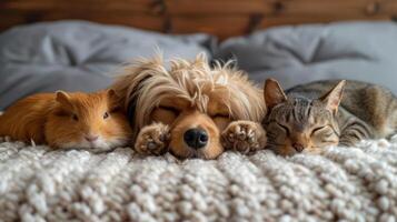 AI generated Fluffy cat, dog and guinea pig lie hugging photo