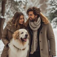 AI generated happy beautiful young couple walking with a big shaggy dog in the park in winter photo