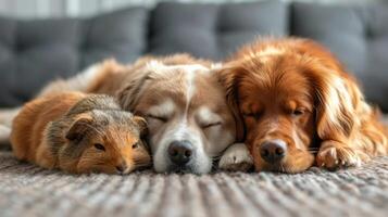 AI generated Fluffy cat, dog and guinea pig lie hugging photo