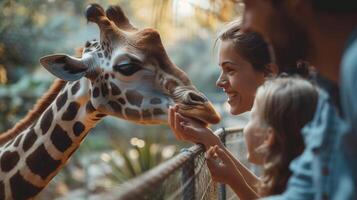 AI generated Happy family feeding a giraffe at the zoo photo