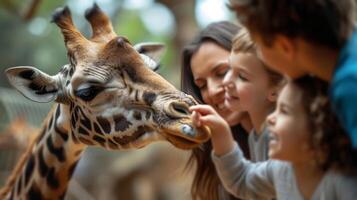 ai generado contento familia alimentación un jirafa a el zoo foto