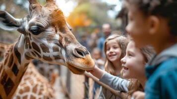 ai generado contento familia alimentación un jirafa a el zoo foto