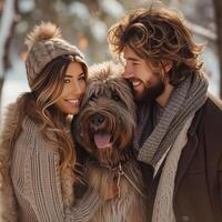 AI generated happy beautiful young couple walking with a big shaggy dog in the park in winter photo