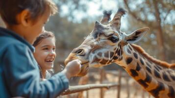 AI generated Happy family feeding a giraffe at the zoo photo