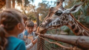 ai generado contento familia alimentación un jirafa a el zoo foto