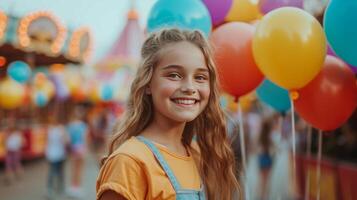 ai generado contento niña con vistoso globos camina mediante un diversión parque foto