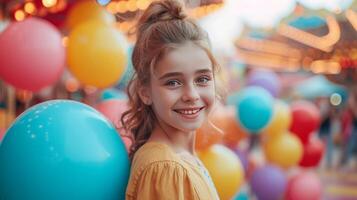 ai generado contento niña con vistoso globos camina mediante un diversión parque foto