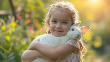 ai generado contento pequeño niña abrazando un grande blanco Conejo en el antecedentes de un verano soleado jardín foto