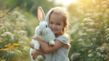 ai generado contento pequeño niña abrazando un grande blanco Conejo en el antecedentes de un verano soleado jardín foto