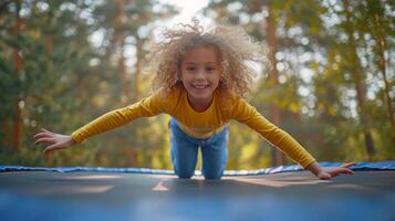 ai generado alegre Rizado niña saltando en un trampolín en el parque foto