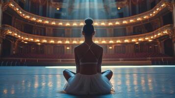 ai generado solitario bailarina formación solo en el etapa de un grande ópera casa en frente de un vacío salón foto