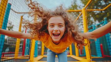 ai generado alegre Rizado niña saltando en un trampolín en el parque foto