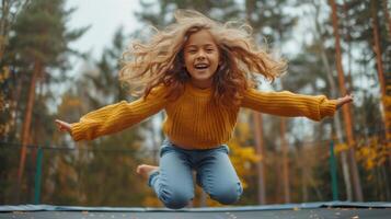 AI generated Joyful curly girl jumping on a trampoline in the park photo