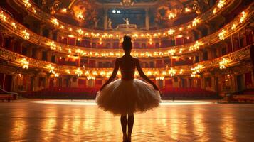 ai generado solitario bailarina formación solo en el etapa de un grande ópera casa en frente de un vacío salón foto