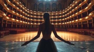 AI generated Lonely ballerina training alone on the stage of a large opera house in front of an empty hall photo