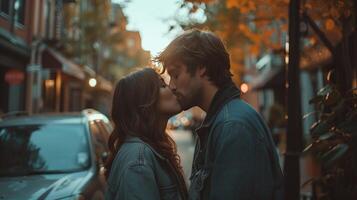 ai generado hombre y mujer besos en el urbano ajuste foto