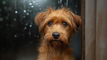 AI generated Sad shaggy dog sits alone in a booth in the rain photo
