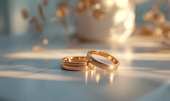 AI generated three stacked wedding rings on the surface of white cube on table photo