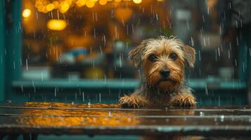 AI generated Sad shaggy dog sits alone in a booth in the rain photo