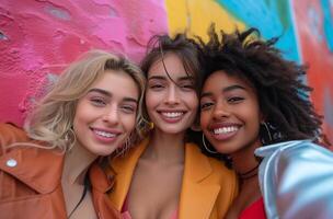 AI generated three ladies are taking a selfie photo