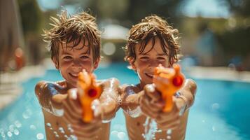 ai generado dos Niños 10 años antiguo jugar con agua pistolas en contra el fondo de un verano piscina foto