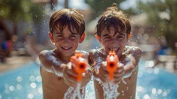 ai generado dos Niños 10 años antiguo jugar con agua pistolas en contra el fondo de un verano piscina foto