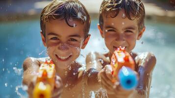 ai generado dos Niños 10 años antiguo jugar con agua pistolas en contra el fondo de un verano piscina foto