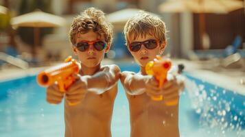 ai generado dos Niños 10 años antiguo jugar con agua pistolas en contra el fondo de un verano piscina foto