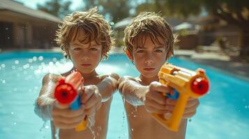 ai generado dos Niños 10 años antiguo jugar con agua pistolas en contra el fondo de un verano piscina foto