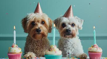 ai generado dos perros en frente de un cumpleaños pastel foto