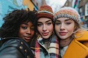 AI generated three ladies are taking a selfie photo