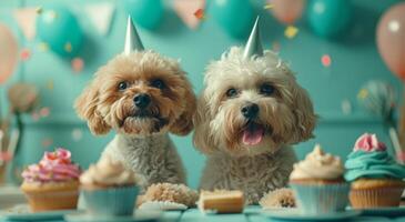 AI generated two dogs in front of a birthday cake photo