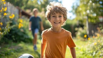 AI generated Two Spanish boys 10 years old play football in the summer garden photo