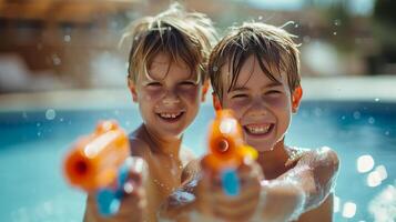 ai generado dos Niños 10 años antiguo jugar con agua pistolas en contra el fondo de un verano piscina foto