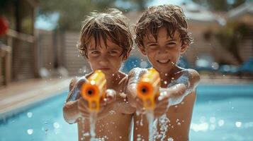 ai generado dos Niños 10 años antiguo jugar con agua pistolas en contra el fondo de un verano piscina foto