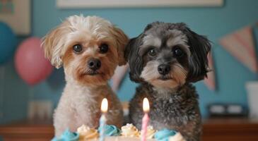 AI generated two dogs in front of a birthday cake photo