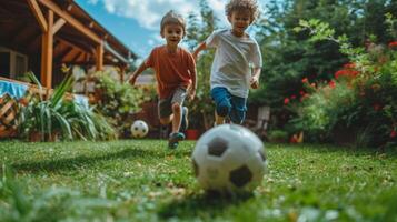 ai generado dos Español Niños 10 años antiguo jugar fútbol americano en el verano jardín foto