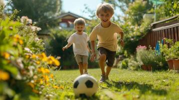 ai generado dos Español Niños 10 años antiguo jugar fútbol americano en el verano jardín foto