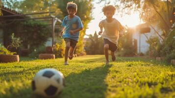 ai generado dos Español Niños 10 años antiguo jugar fútbol americano en el verano jardín foto